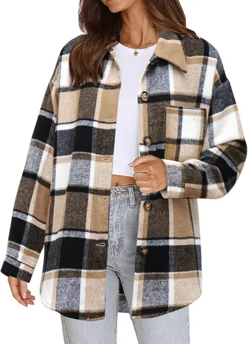 Vista 25 de Beaully Chaqueta-Camisa de Franela a Cuadros para Mujer, Trajes de Otoño 2025, Camisa de Manga Larga con Botones, Chaqueta Abrigo con Bolsillos Negro