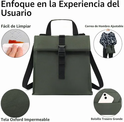 Vista 4 de GYEUKHAM Bolsa de almuerzo aislada para hombres/mujeres/niños, lonchera reutilizable con tapa enrollable y correa ajustable para el hombro Verde