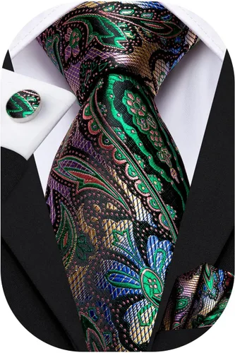Vista 30 de Hi-Tie Conjunto de corbatas de seda con estampado paisley para hombre, pañuelo de bolsillo y gemelos, conjuntos de corbata formal para negocios a