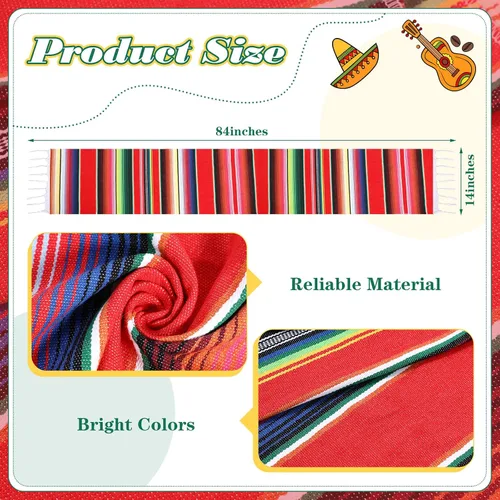 Vista 2 de Mixweer Camino de mesa de sarape mexicano de 24 piezas, colorido con flecos mexicanos de algodón, manta de serape a rayas para decoraciones