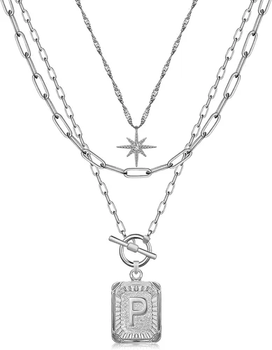 Vista 38 de MJartoria Collares con iniciales en capas para mujer, modernos, chapados en oro de 14 quilates, cadena de papel, collar sencillo con dije de Dorado