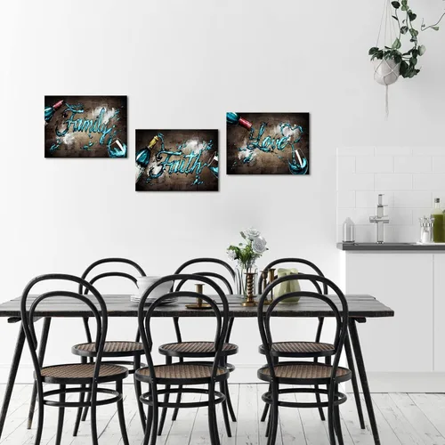 Vista 4 de Conipit 3 piezas de lienzo de copa de vino, arte de pared, fotos de vino, familia, fe, amor, impresiones artísticas vintage, pintura marrón verde