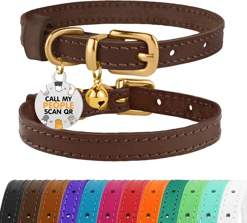 Vista 38 de BRONZEDOG Collar de cuero para gato con campanas extraíbles sin liberación rápida, etiqueta QR para gatito para niña y niño