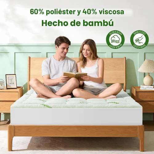 Vista 3 de Protector de colchón tamaño Queen, parte superior de almohada refrescante, viscosa ultra suave hecha de bambú, transpirable para personas que Verde