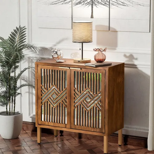 Vista 4 de COZAYH Armario decorativo de 2 puertas, aparador de madera con espejo geométrico moderno frontal, armario independiente para el hogar y la cocina