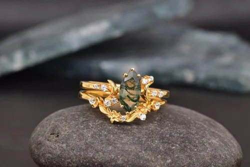 Vista 3 de DREAMSOFDAZZLE - Anillo de compromiso para mujer, diseño de luna de mi vida, corte marquesa, ágata musgo, juego de anillos de compromiso de novia