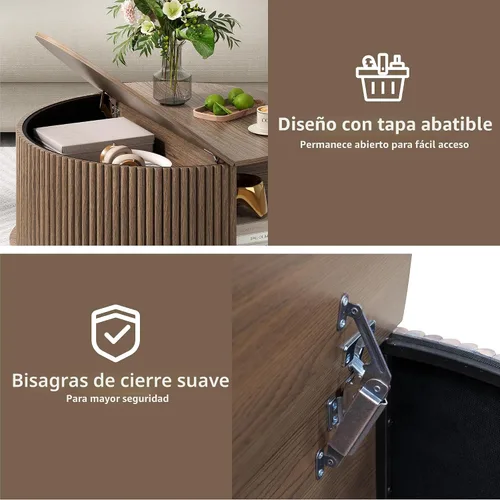Vista 4 de Mesa de centro redonda con almacenamiento para sala de estar, 31.5 pulgadas, nogal