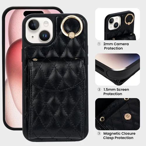 Vista 7 de Funda para iPhone 15 Plus de 6.7 pulgadas, cartera cruzada con bloqueo RFID, 4 ranuras para tarjetas, soporte de anillo de 360°, funda protectora