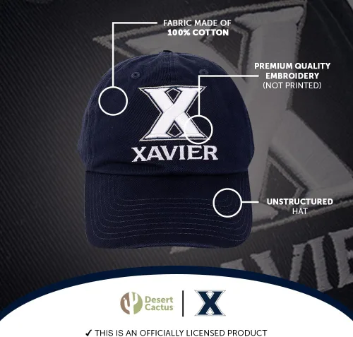 Vista 4 de Desert Cactus Xavier - Gorra de béisbol de la Universidad XU, mosqueteros bordados, correa de tela ajustable para adultos (estilo B) azul