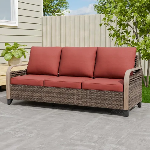 Vista 12 de EAGLE PEAK Sofá de mimbre para patio al aire libre, muebles modernos de ratán para patio, terraza, porche, balcón, sofá de 3 asientos, marrón/gris