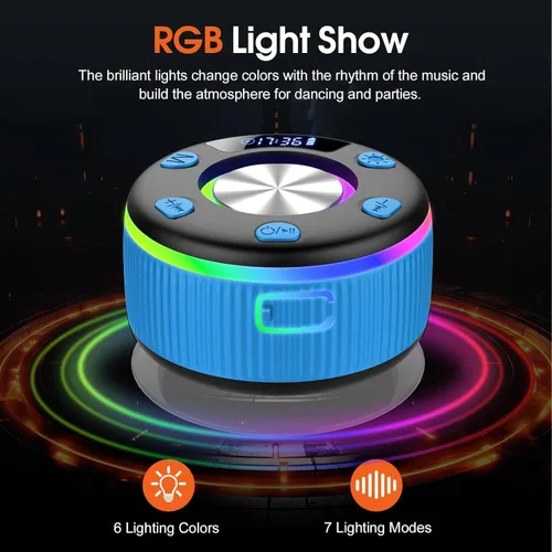 Vista 3 de Altavoz de ducha Bluetooth, IP7 impermeable, portátil, Bluetooth 5.3 con ventosa, mini altavoz inalámbrico con luces RGB, pantalla de tiempo, sonido