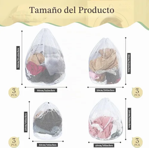 Vista 2 de Fabbay 12 bolsas de malla para lavandería con cordón, 4 tamaños (XL~S), estilo grueso