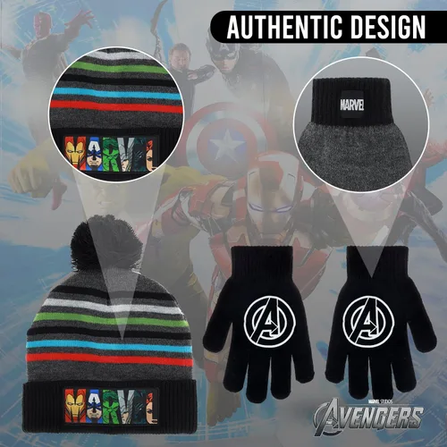 Vista 5 de Marvel Avengers - Juego de sombreros de invierno y guantes de nieve para niños y niños pequeños con lindos guantes y gorro suave pompones esponjosos