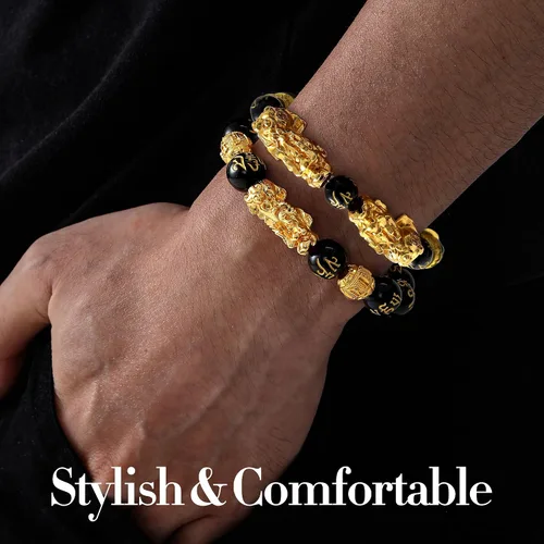 Vista 3 de JeryWe Pulseras de cuentas Feng Shui para hombres y mujeres, pulseras de buena suerte con dragón Pixiu, juego de pulseras estilo chino, joyería Feng