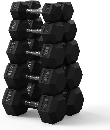 Vista 11 de PAPABABE Juego de mancuernas hexagonales de 45 a 550 libras, mancuernas de gimnasio en casa con revestimiento de goma, mancuernas para mujeres