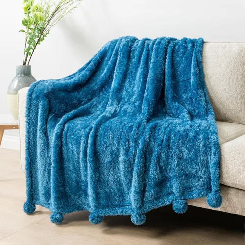 Vista 12 de PAVILIA Manta de sherpa negra para sofá, cálida manta de felpa con pompones, manta mullida para sofá, ligera, suave y acogedora con pompones, 50 x