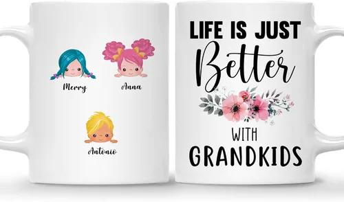 Vista 13 de Gossby Taza personalizada Life is Better With GrandKIDS (1 niño), taza personalizada de regalo para abuelos con avatares de nietos, nombres, 11