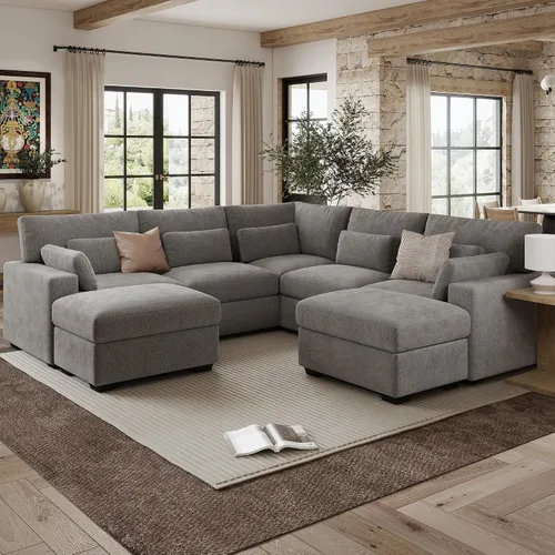 Vista 19 de Sofá modular de 146.5 pulgadas, sofás extra profundos en forma de U para sala de estar, sofá de felpilla de 4 asientos con patas de madera, otomana