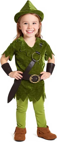 Vista 2 de Disfraz clásico de Peter Pan para niños pequeños con túnica, sombrero, leggings, cinturón y puños para Halloween y juegos de disfraces