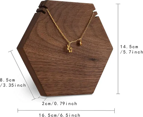 Vista 4 de GemeShou Wood Necklace Display Stand, Walnut Hexagon Board Jewelry Holder for Show, Hanging Long Necklace Retail Jewelry organizerHexagon Necklace