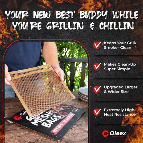 Vista 6 de Oleex - Bolsas antiadherentes grandes para parrilla, color cobre + cepillo para untar, malla de PTFE reutilizable para interiores y exteriores