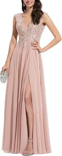Vista 3 de Chiffon Bridesmaid Dresses V Neck Lace Appliques A Line Chiffon Long Formal Gowns with Slit