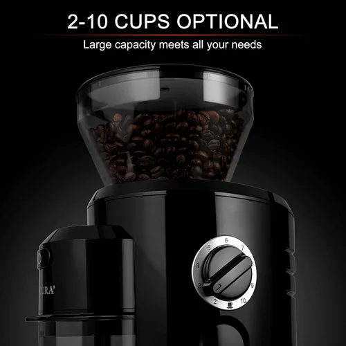 Vista 7 de Secura Molinillo de café de rebabas cónicas, molinillo de café eléctrico con 18 ajustes de molienda, molinillo de granos de café ajustable para 2-10