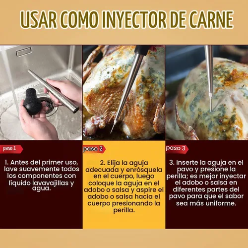 Vista 4 de Jeringa para Pavo, Jeringa de Acero Inoxidable para Cocinar con Inyectores de Marinada, Jeringa, Brocha para Untar, Cepillo de Limpieza Grueso