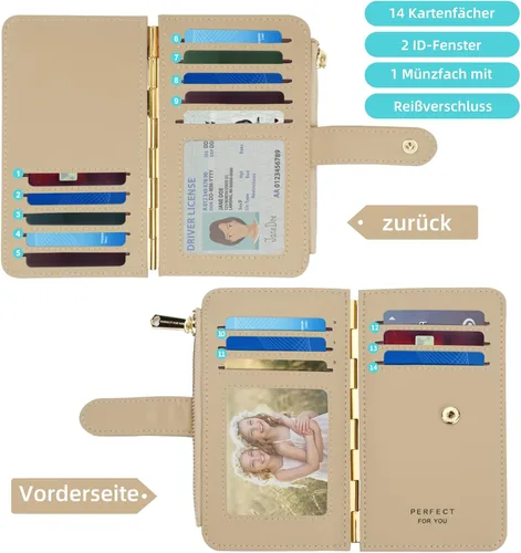 Vista 5 de PERFECB - Cartera para mujer, con bloqueo RFID, delgada, plegable, para tarjetas de crédito, simple con cremallera, Caqui, Tarjetero Wellet