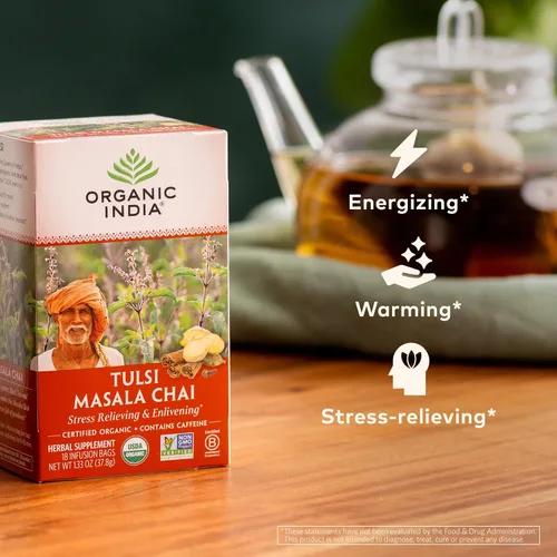 Vista 4 de Bolsas de té Organic India Tulsi Masala Chai - Albahaca Sagrada, té negro, especias con jengibre, alivio del estrés, apoyo inmunológico, USDA