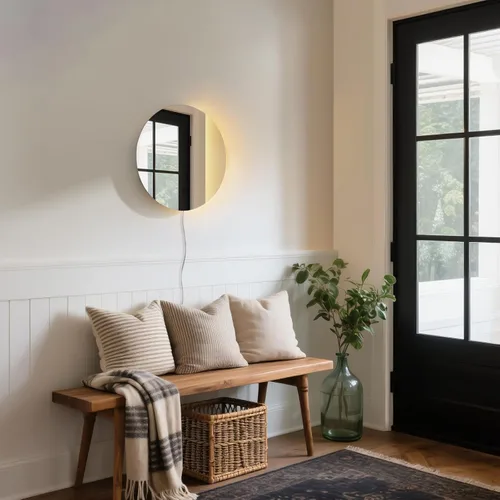 Vista 7 de ONEWISH Aplique de pared LED, lámpara de pared con espejo regulable, luces de pared redondas de 16.93 pulgadas para dormitorio con función