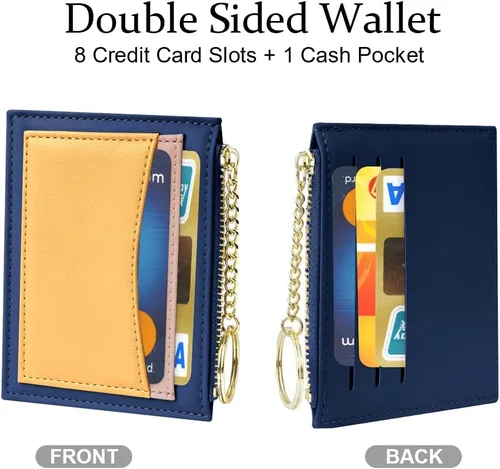 Vista 13 de URAQT Cartera para tarjetas de crédito, cartera minimalista de cuero delgado con cremallera, mini protector de tarjeta de crédito, llavero bolsillo