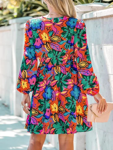Vista 3 de CUPSHE Mini vestido de gasa con estampado floral para mujer, mangas largas campesinas