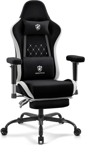 Vista 10 de Silla de juegos de tela transpirable, silla de oficina para computadora con reposapiés, soporte lumbar de masaje y almohadilla de gel, silla