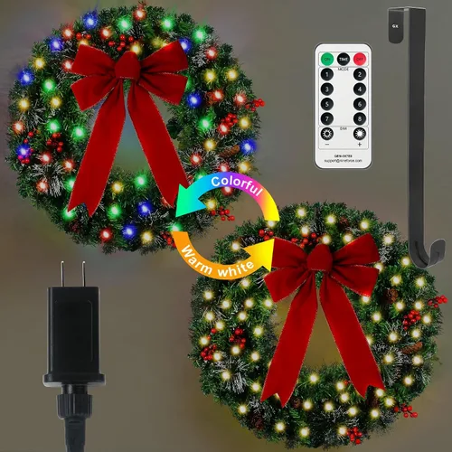 Vista 12 de Corona de Navidad Prelit de 24 pulgadas con Colgador para Puerta Delantera, Decoraciones de Navidad, 8 Modos de Luz, Impermeable, Funciona