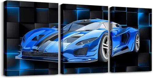 Vista 46 de Feelyou Cuadro azul de carreras para pared, 12 x 16 pulgadas, 3 piezas de autos deportivos de velocidad, lienzo para decoración de pared, diseño