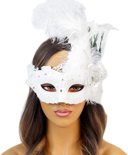 Vista 21 de Máscara de plumas burlesque, máscara de encaje de Mardi Gras para mujer, disfraz de plumas de pavo real, máscara de brocado veneciano