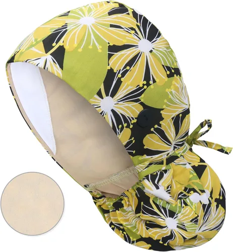 Vista 43 de QBA Gorra de trabajo ajustable con botón, gorro forrado de satén, gorro de trabajo de algodón, banda elástica para atar en la espalda, unisex