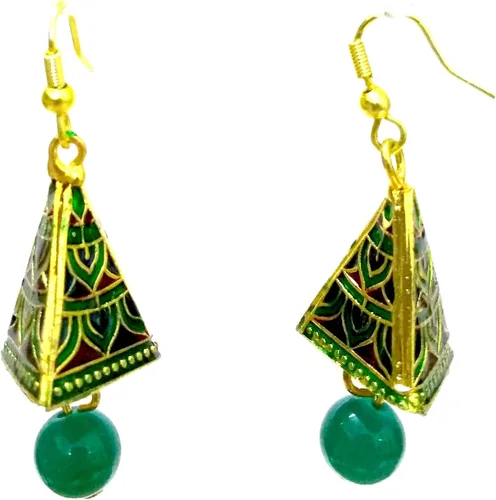 Vista 2 de DESI HAWKER Meenakari Minakari Pintura de esmalte dorado hecho a mano pendientes Bali Jhumki Jhumka joyería Bollywood indio étnico gota colgante