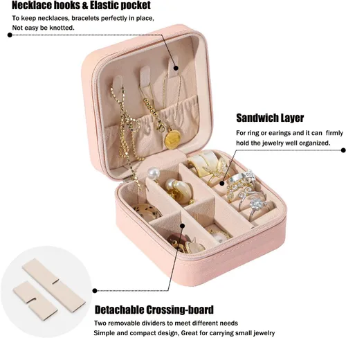 Vista 2 de Mini estuche de viaje para joyería, caja organizadora de joyas de viaje de piel sintética, pequeño soporte portátil para almacenamiento de joyas