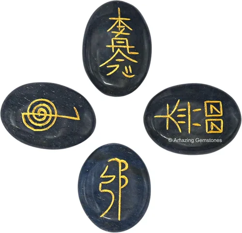 Vista 7 de Amazing Gemstone Piedras de Reiki de cristal de amatista con símbolos grabados para curación Usui Reiki, juego de 4 piezas