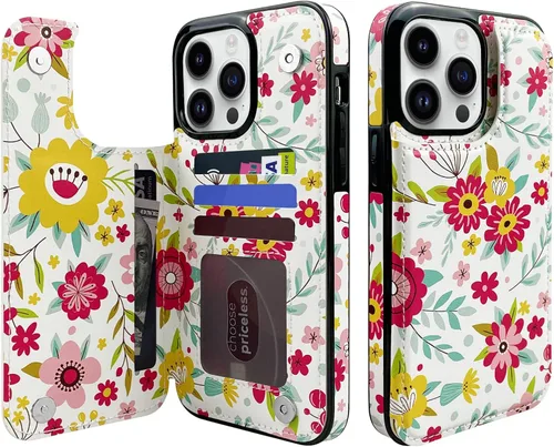 Vista 9 de Funda tipo cartera de piel con tapa compatible con iPhone 13 Pro Max de 6.7 pulgadas, para mujeres y niñas con tarjetero y doble cierre magnético