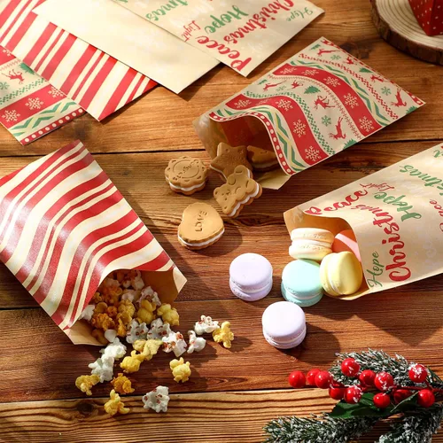 Vista 3 de Pasimy 100 bolsas de papel kraft de Navidad autoadhesivas, vintage