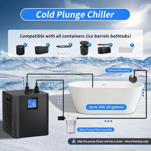 Vista 2 de Enfriador de agua para baño de hielo, enfriador de inmersión en frío de 1/3 HP con filtro externo, almohadilla de filtro y bomba, enfriador de agua