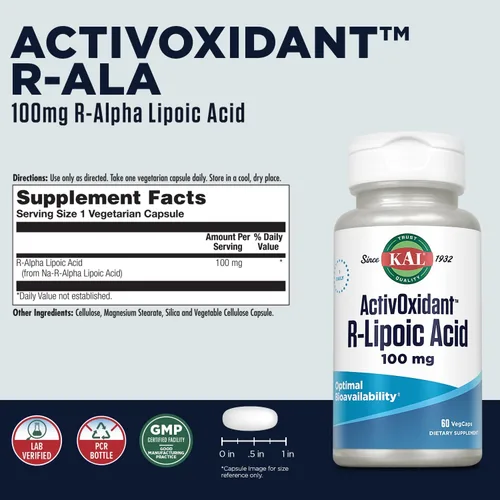 Vista 2 de Kal 100 mg de ácido R-lipoico Activoxidant Tabletas, 60
