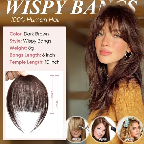 Vista 3 de Extensiones de cabello humano 100 % real, flequillo ondulado, color marrón oscuro, piezas de cabello falso, flequillo delgado, clip para mujer