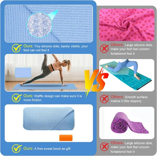 Vista 7 de Toalla de esterilla de yoga antideslizante para yoga caliente, punto de agarre de silicona antideslizante, fibra de gofre de 400 GSM