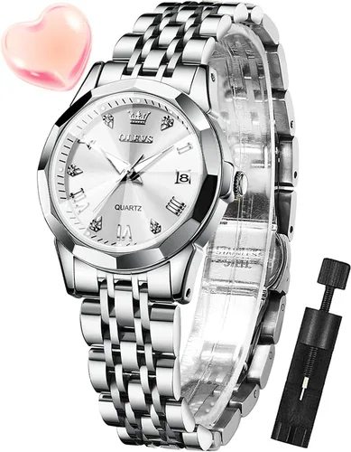 Vista 7 de OLEVS Reloj de mujer con diamantes de moda, analógico, de cuarzo, de acero inoxidable, para mujer, pequeño, para fecha, impermeable, luminoso