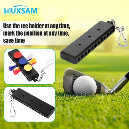 Vista 6 de MUXSAM Soporte para camiseta de golf negro para bolsa, paquete de 1 bolsa de golf con 12 agujeros en T, 3 agujeros para marcadores de bola, llavero