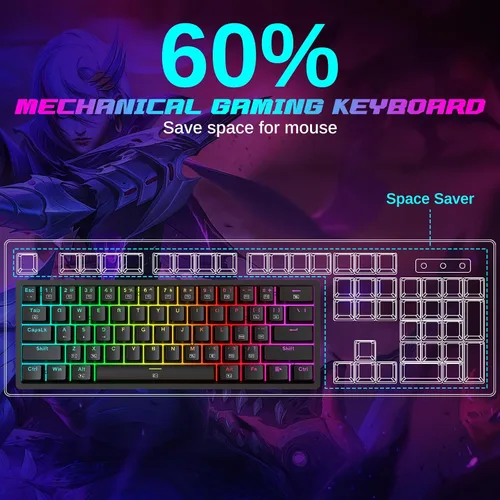 Vista 2 de Teclado mecánico al 60%, mini teclado para juegos con cable, compacto 60%, retroiluminación RGB, interruptor rojo intercambiable en caliente